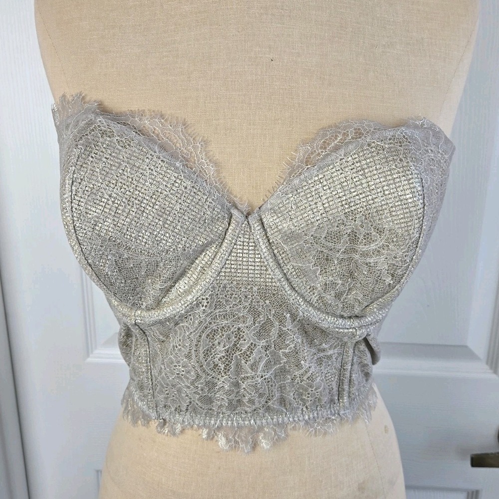 Victoria's Secret Silver Metallic Lace Dream Angels Strapless Bustier Size 36D